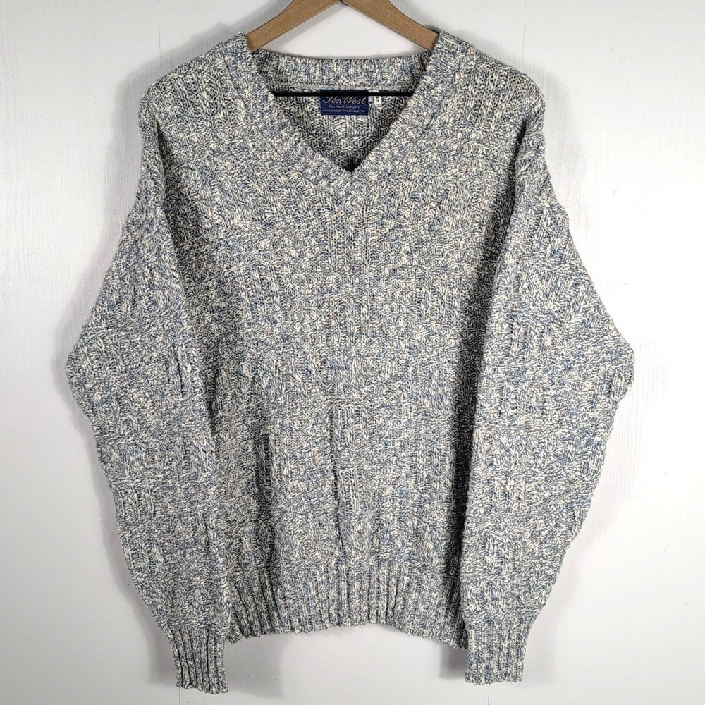 Pen West Pendleton Mens Blue Marled Knit V-Neck Sweater Made in USA Size M